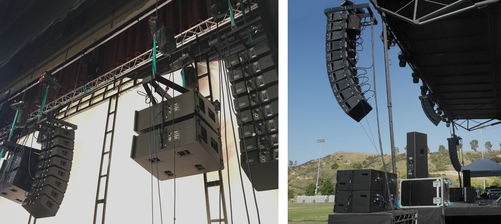 QSC WideLine line array rendszer a fő hangsugárzók mellett elhelyezett függesztett mélysugárzókkal (balra) és padlóra helyezett mélysugárzókkal (jobbra)