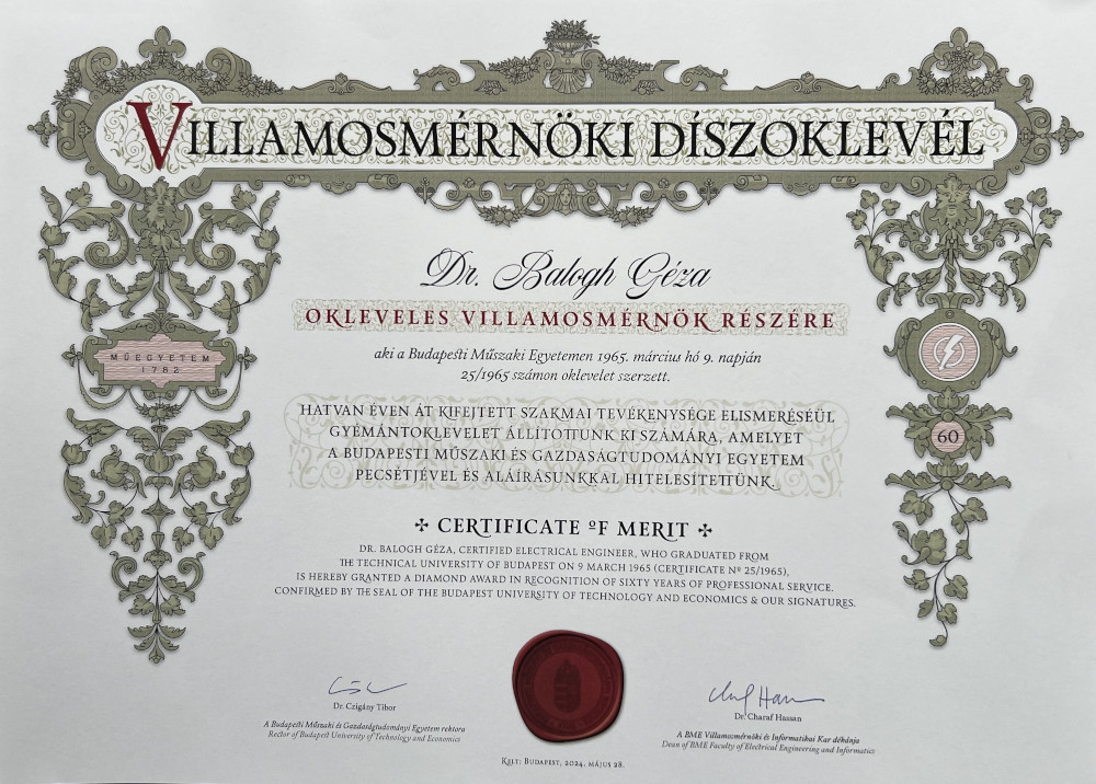 Dr. Balogh Géza gyémánt oklevél